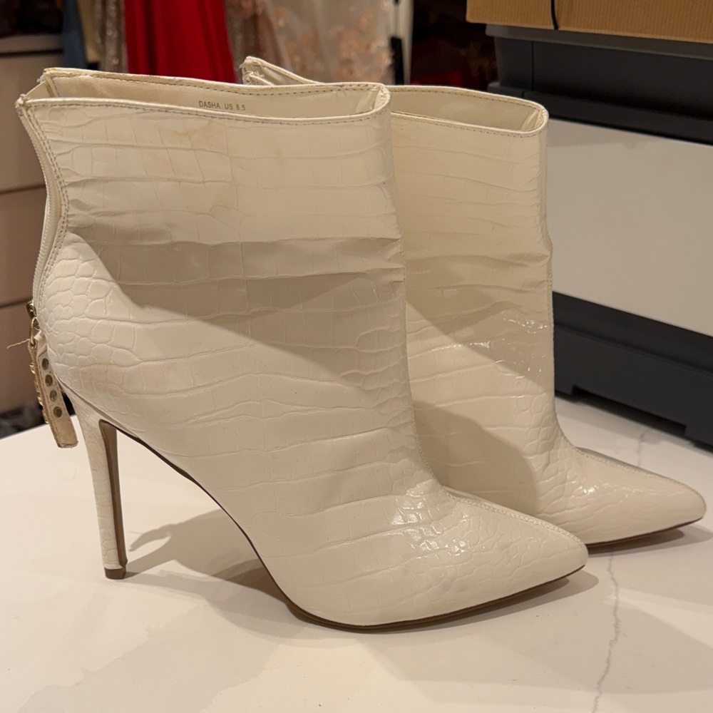 bebe White Croc-Embossed Heeled Boots